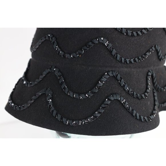 Vintage 50s Rockabilly Wool Felt Sequined Flower Bucket Hat Cap Black Womens USA - Picture 2 of 9
